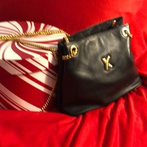 Paloma Picasso Black Leather Shoulder Bag with Gold Chain